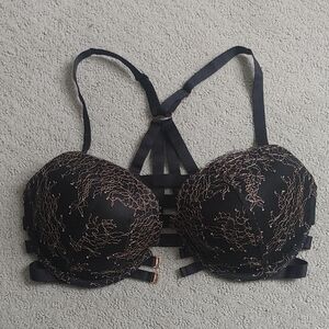 Victoria's Secret Strappy Black Bra with Gold Lace 34DD